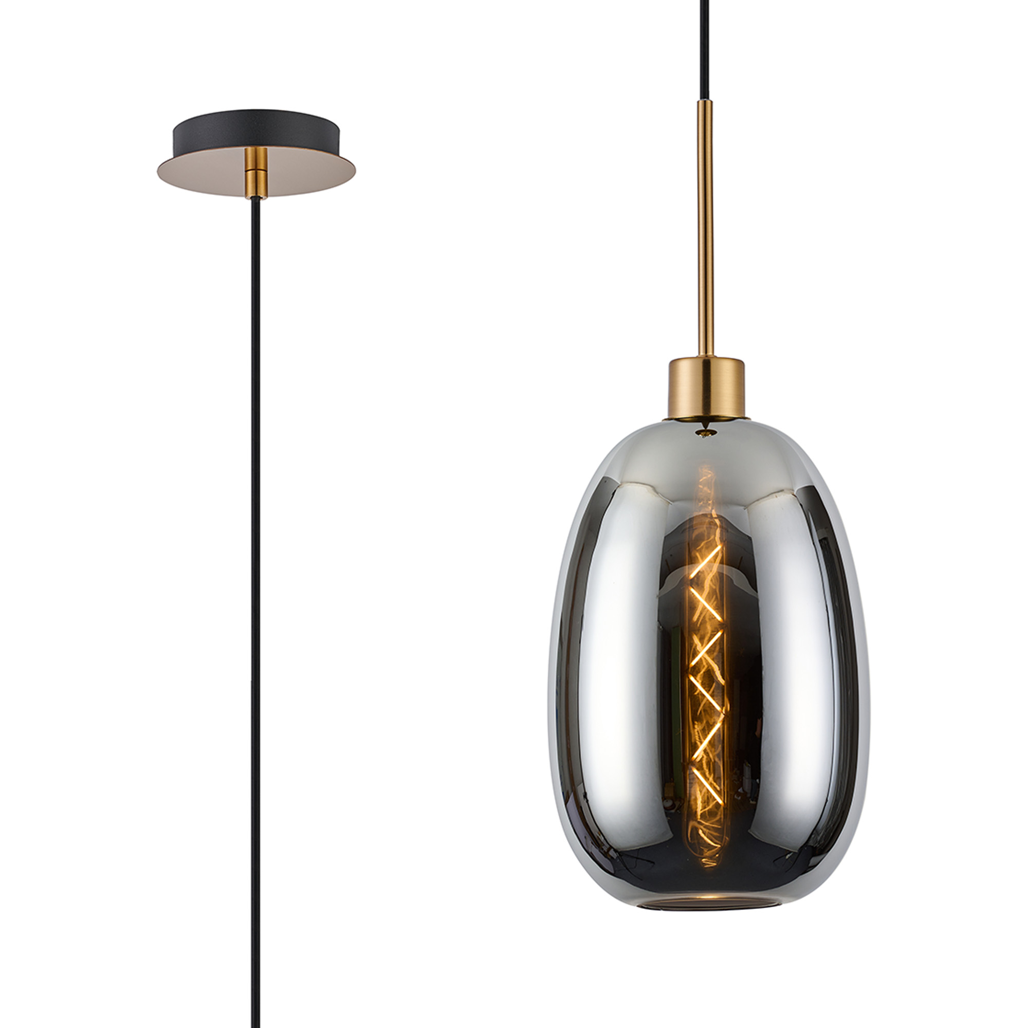 DK1164  Lori 1.7m Single Pendant, 1 Light Adjustable E27, Antique Gold/Chrome Slim Curved Trapezium Shades